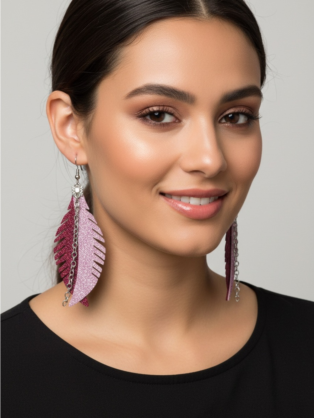 Pink Feather Drop Earrings with Silver Chains